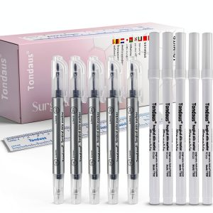 10Pcs Microblading Skin Marker Tattoo Stencil Markers Pen Permanent Makeup Position Mark Surgical Tip Sterile with Paper Ruler for Eyebrow, Lips, Skin (5 Single Head, 5 Double Heads)-0