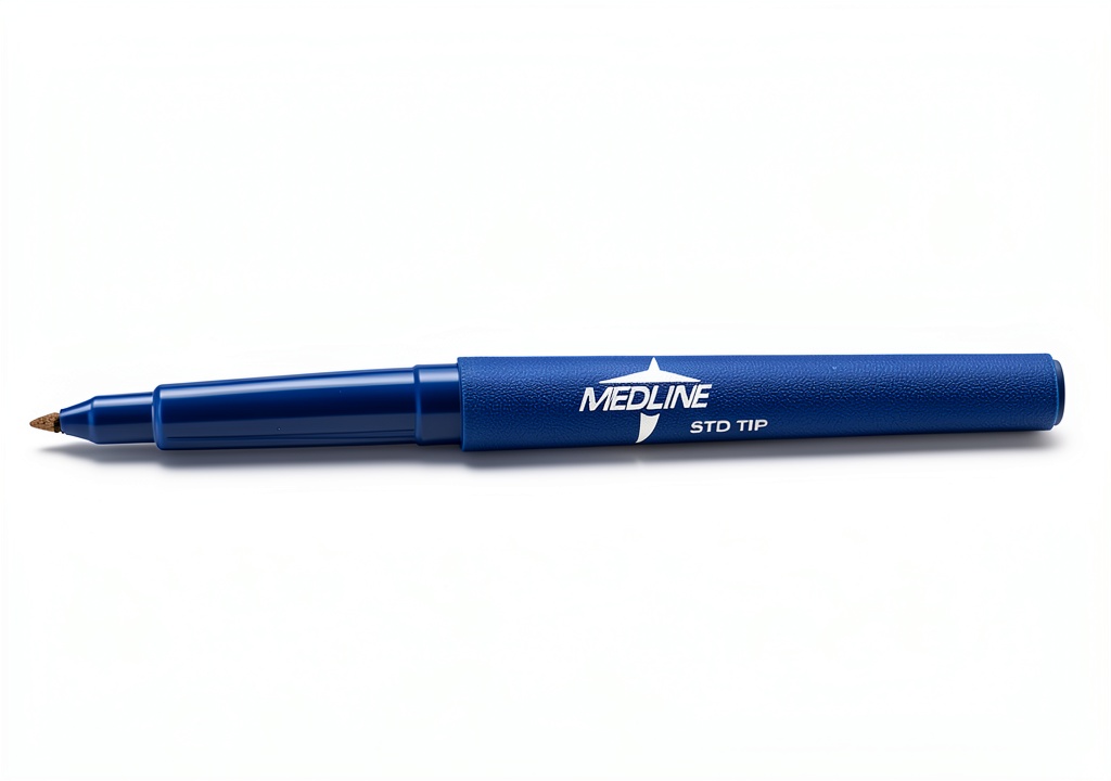 Installing Medline Surgical Skin Markers with Ruler, Sterile Pack of 50 on a wooden desk